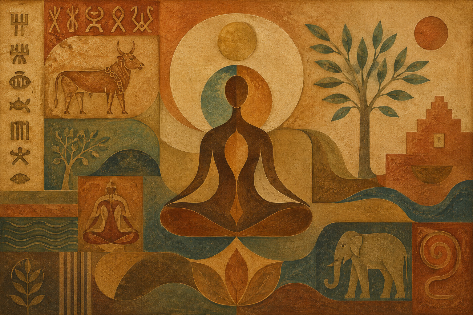A warm, earth-toned illustration of a meditating figure surrounded by symbols of nature, breath, and balance