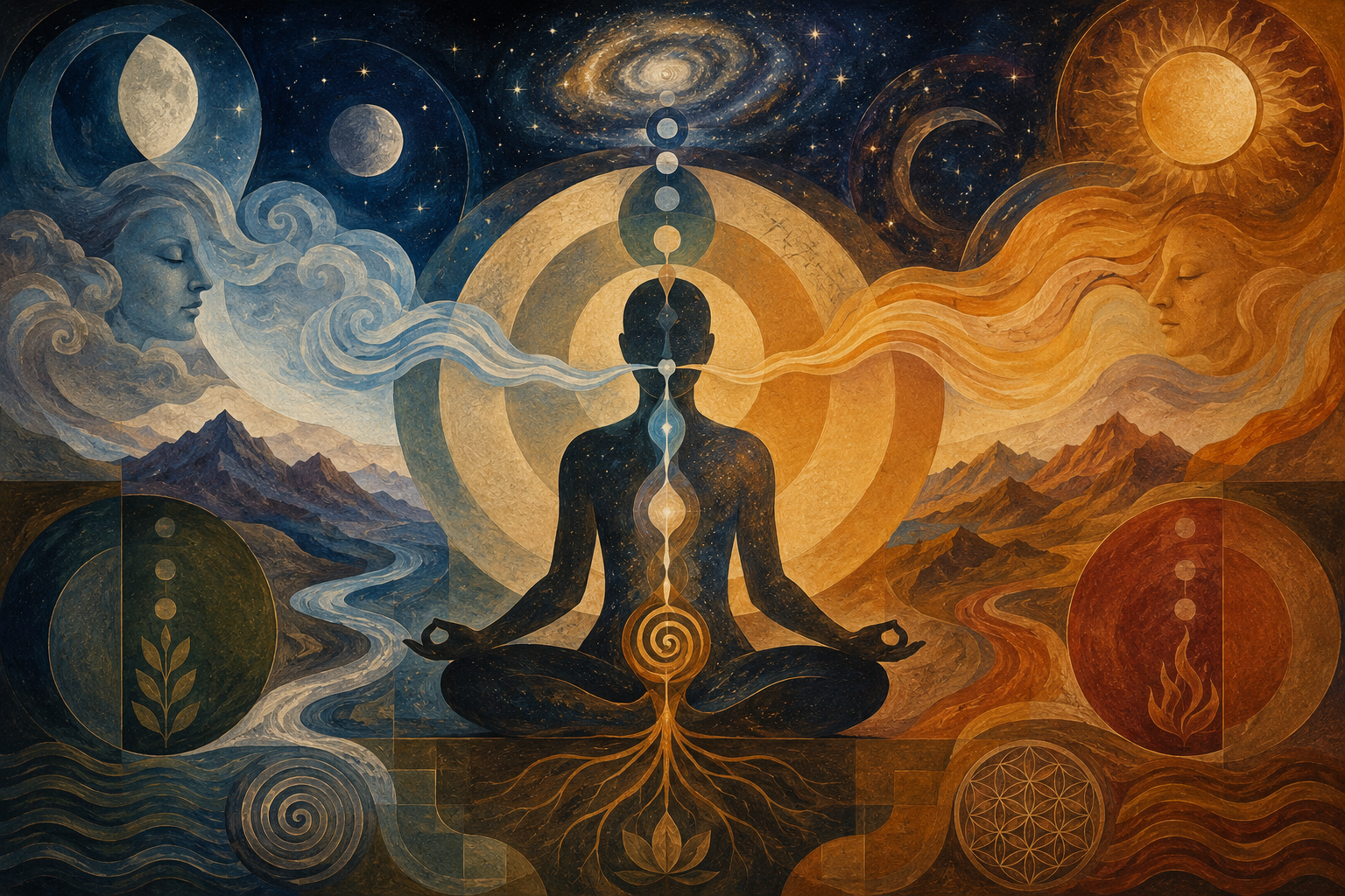 A cosmic, earth-toned illustration of a meditating figure breathing between lunar and solar energies